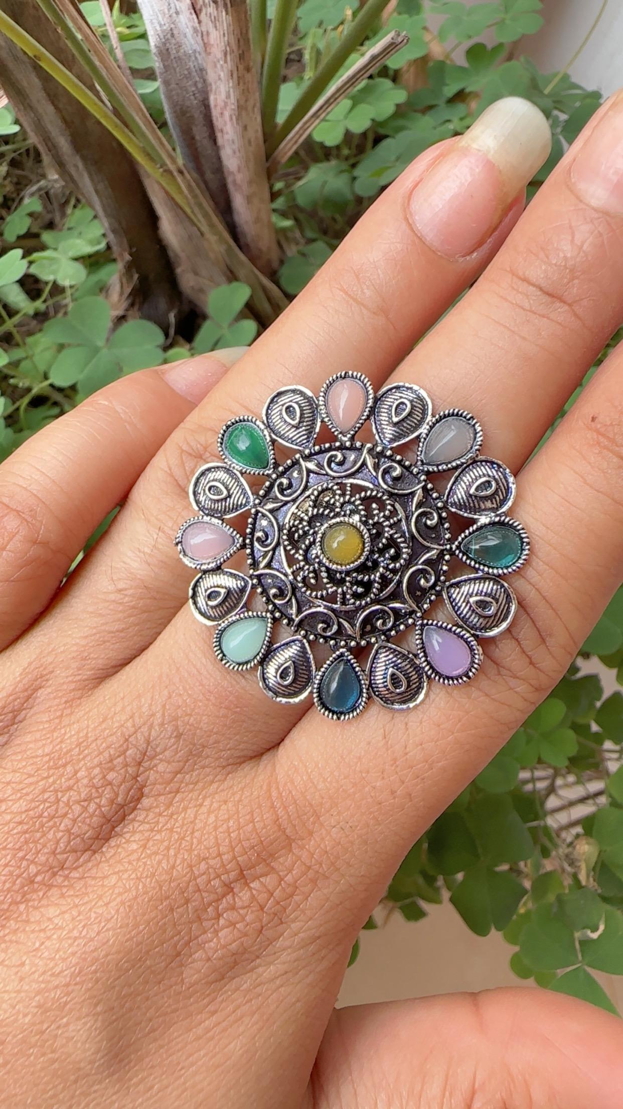 Oxidized Silver Flower Ring with Multicolored Stones