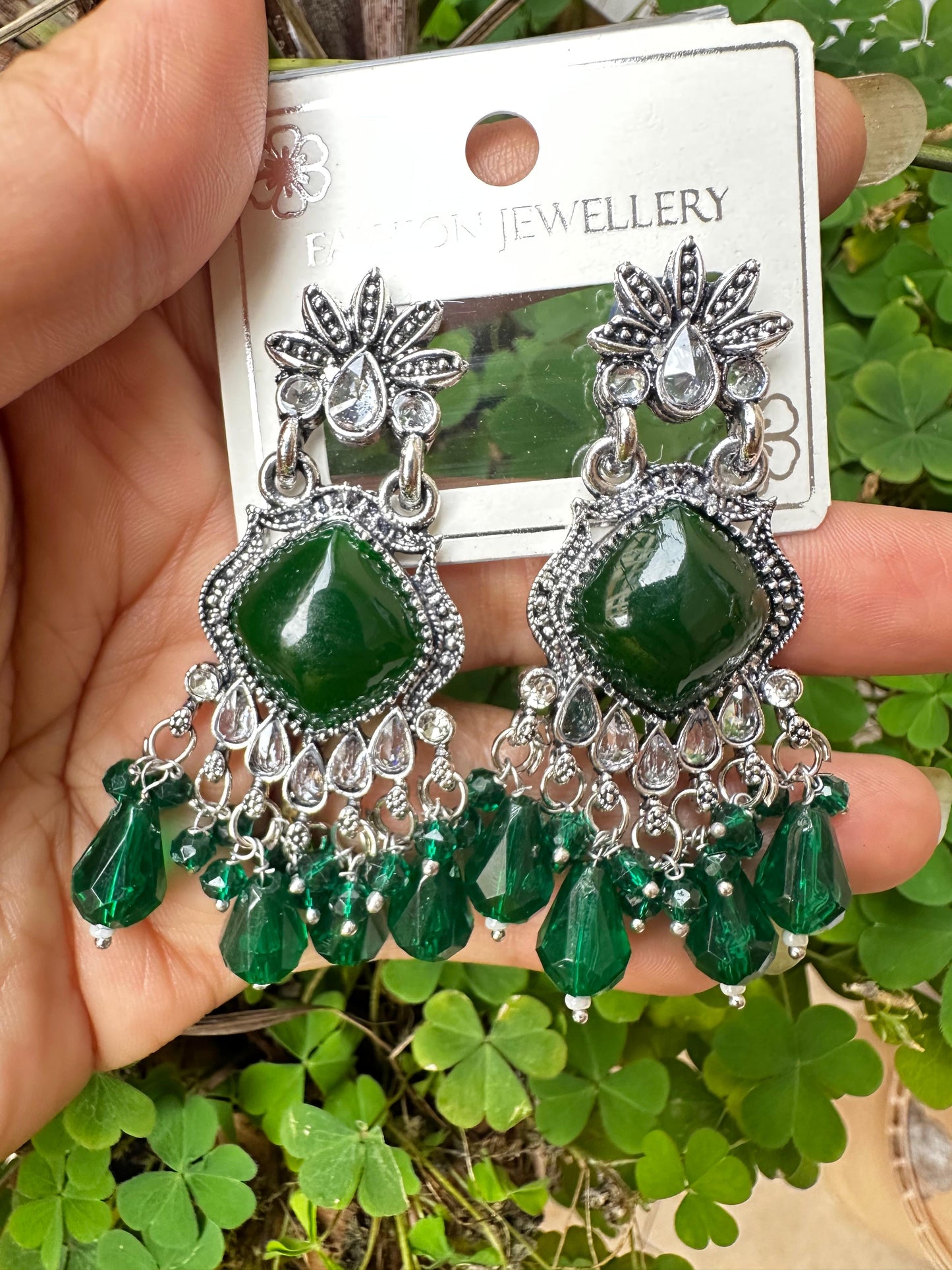 Oxidized Silver & Green Stone Jhumka Earrings