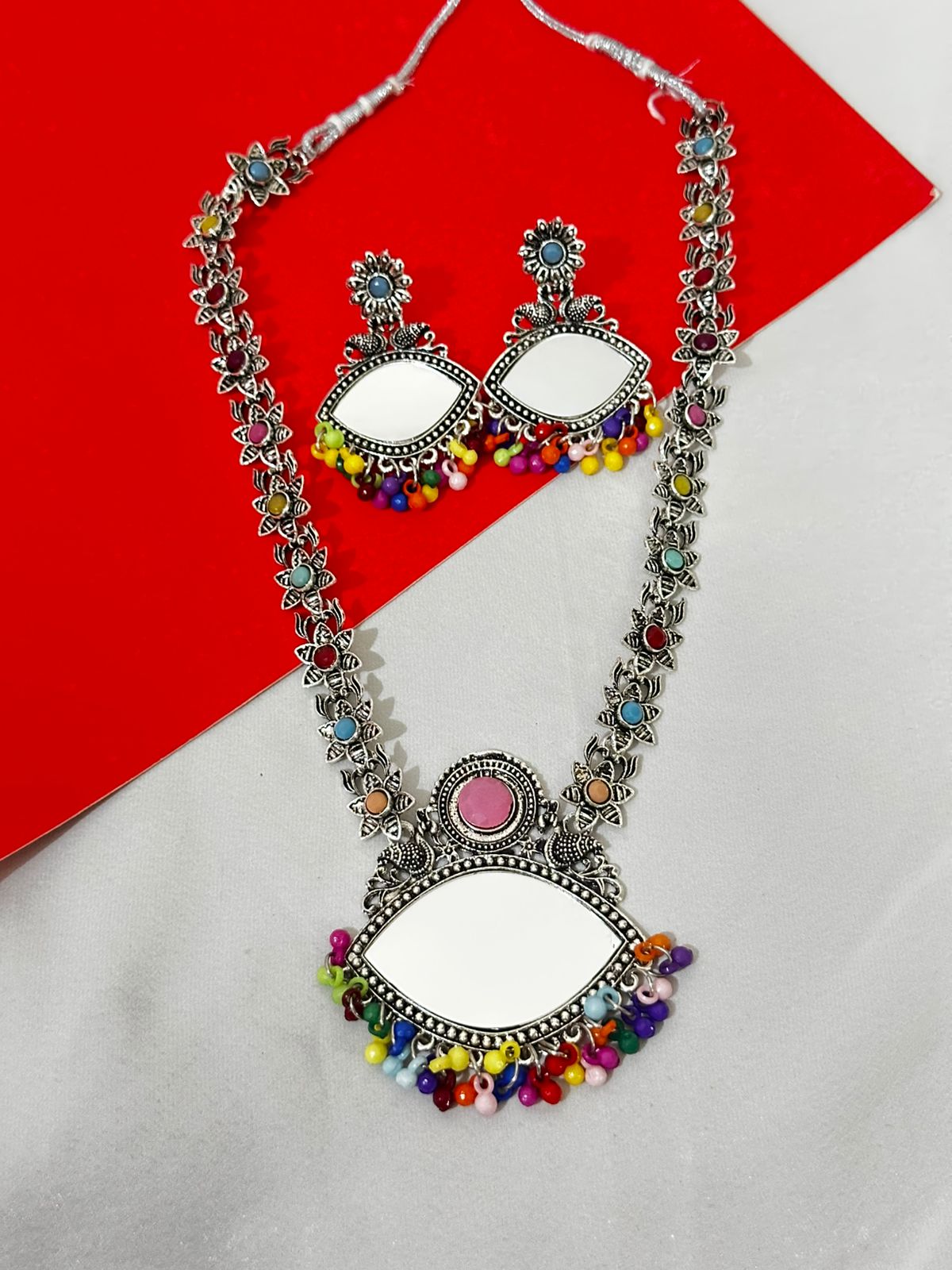 Oxidized Silver Mirror & Multicolored Bead Necklace Set