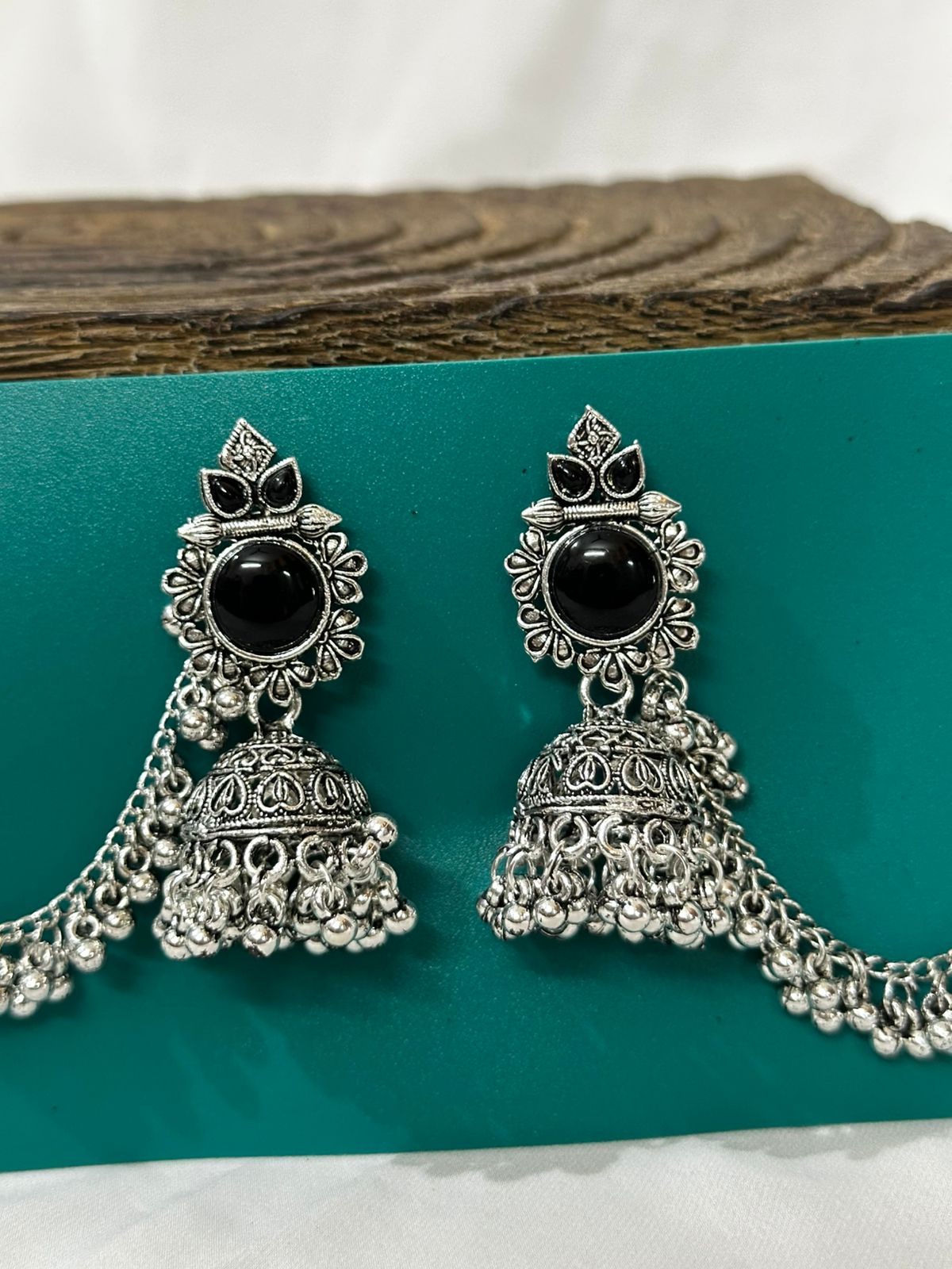 Oxidized Stone Jhumka with Ear Chains - 2 Color Options - Black & Yellow
