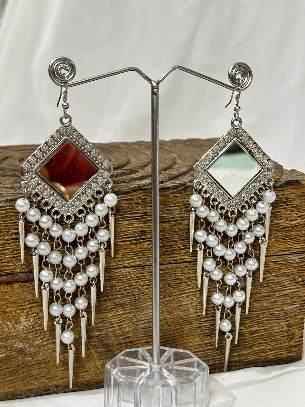 Oxidized Silver Mirror & Pearl Drop Earrings