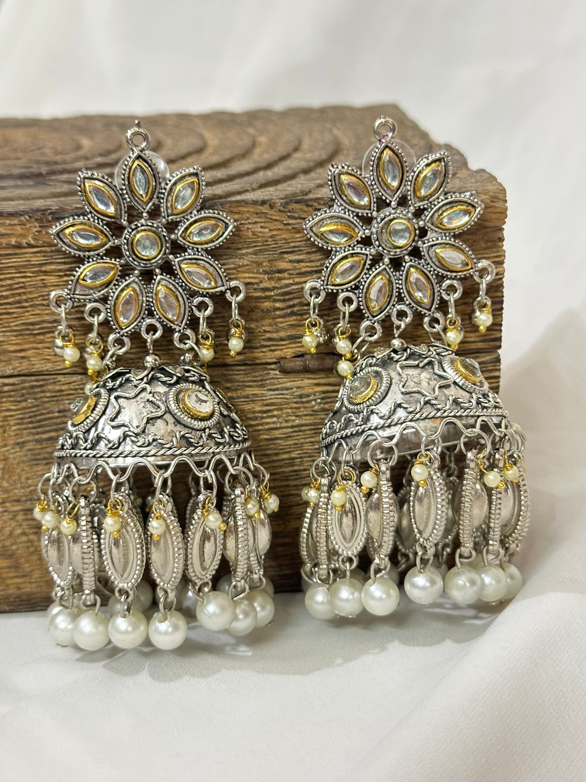 Oxidized Floral Pearl Jhumkas