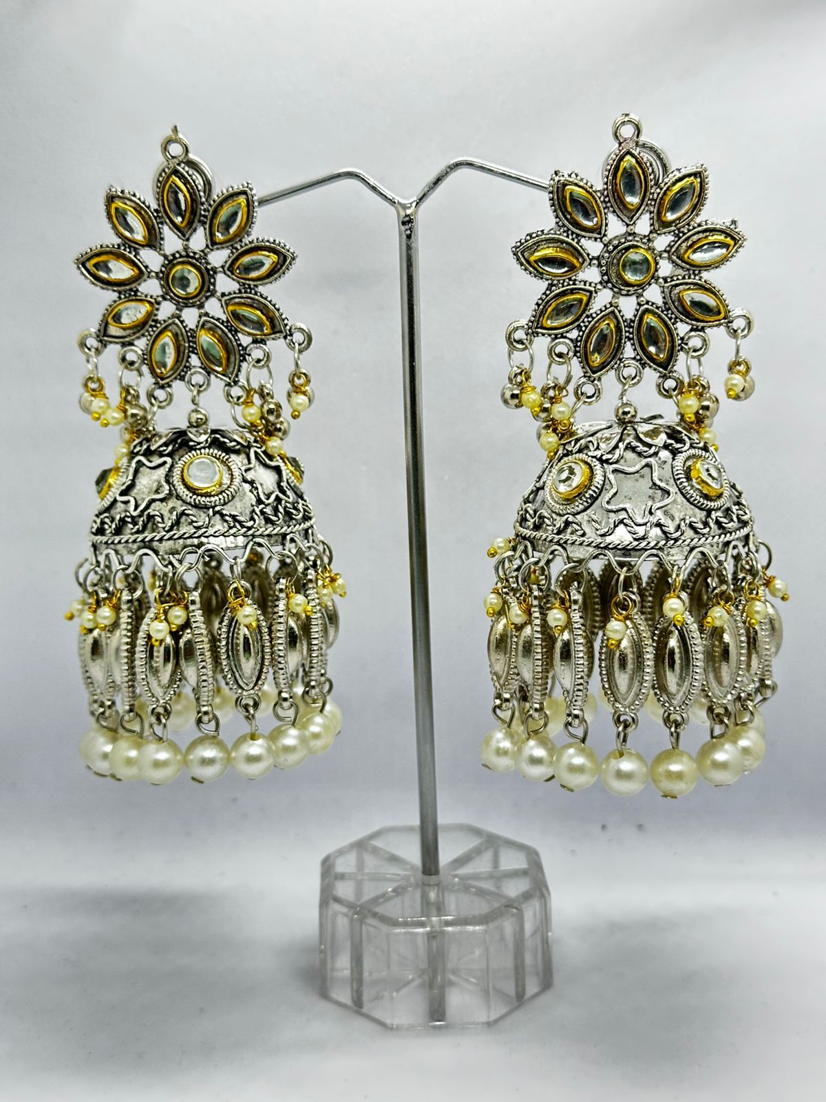Oxidized Floral Pearl Jhumkas