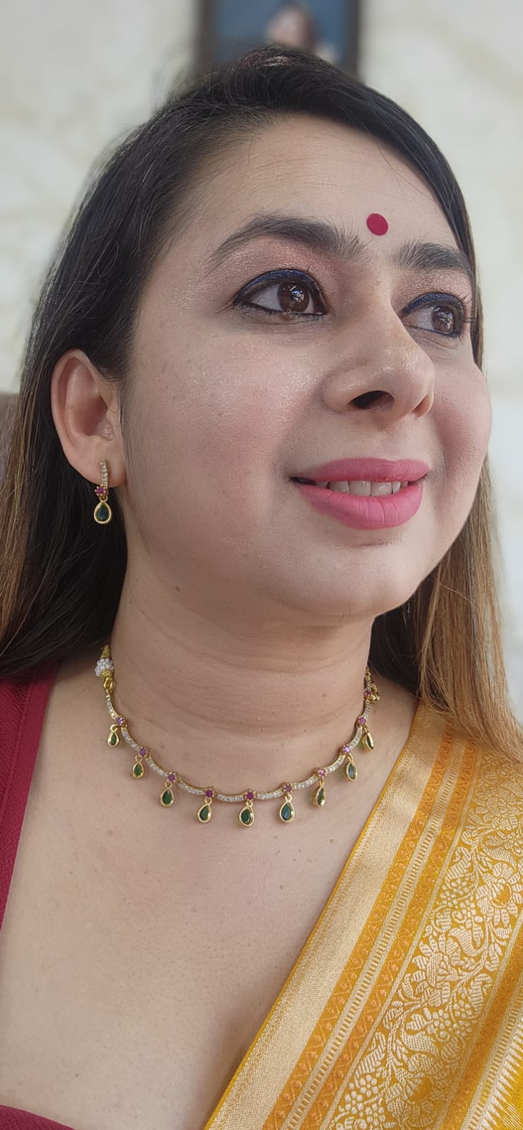 Q1 - Ruby Emerald Single Line Gold Replica Set with Earring