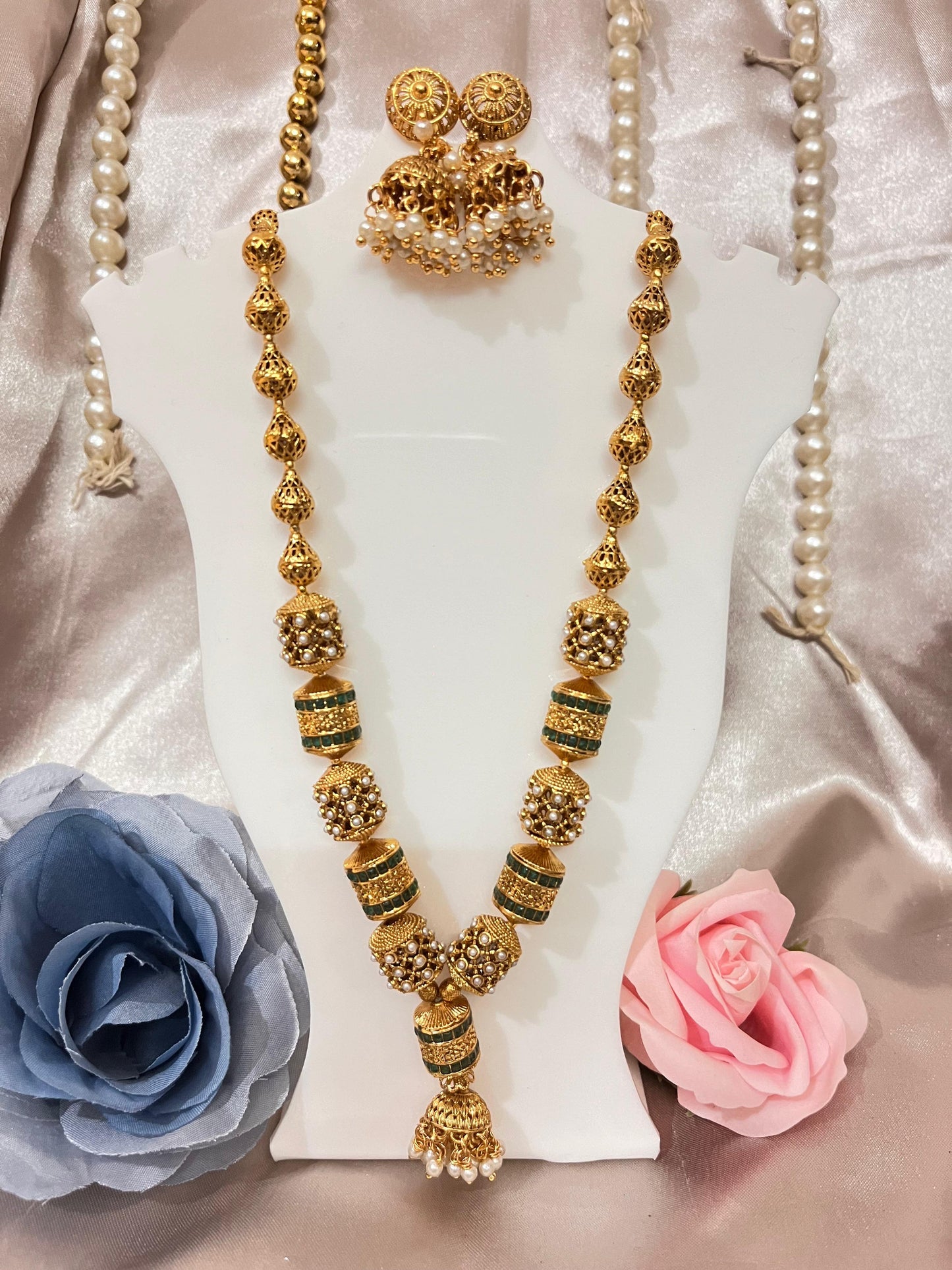 Gold-Plated Beaded Long Necklace Set with Green Stones