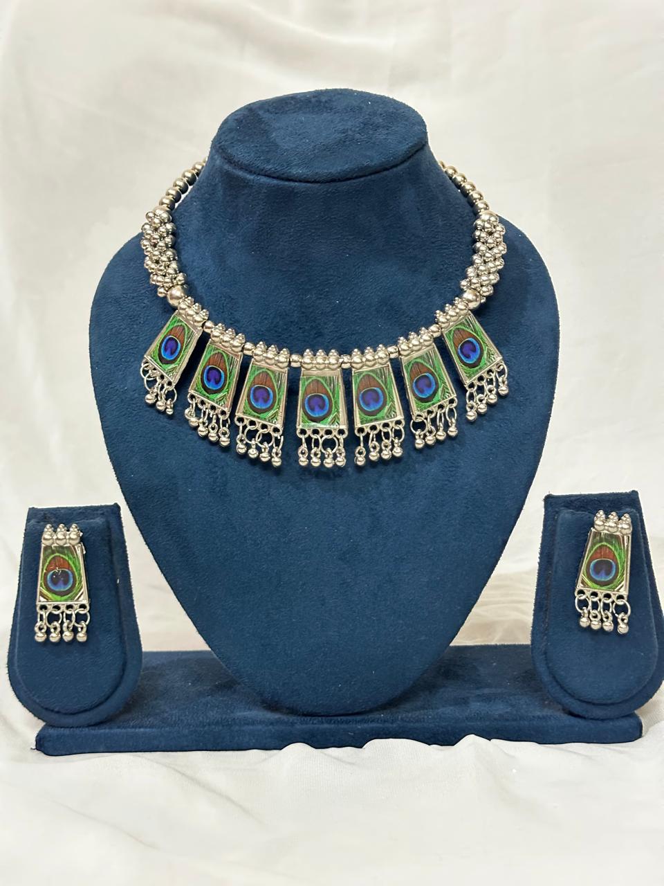 Oxidized Peacock Feather Necklace Set