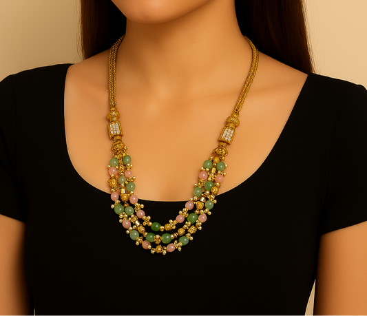 Gulabi Harit Bead Temple Necklace Set (Matar Mala)