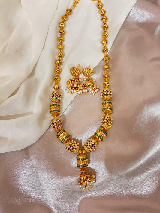Gold-Plated Beaded Long Necklace Set with Green Stones