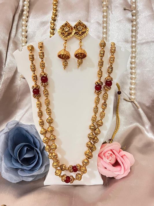 Double-Layered Gold Beaded Necklace Set with Red Stones
