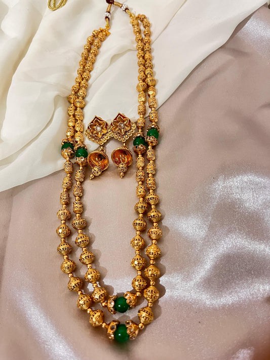 Double-Layered Gold Beaded Necklace Set with Green Stones