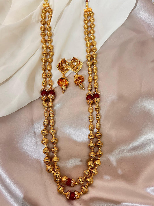 Double-Layered Gold Beaded Necklace Set with Red Stones