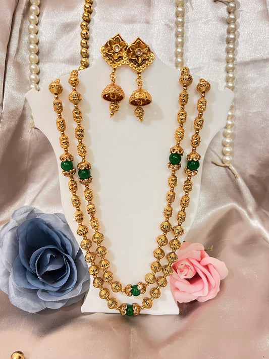 Double-Layered Gold Beaded Necklace Set with Green Stones