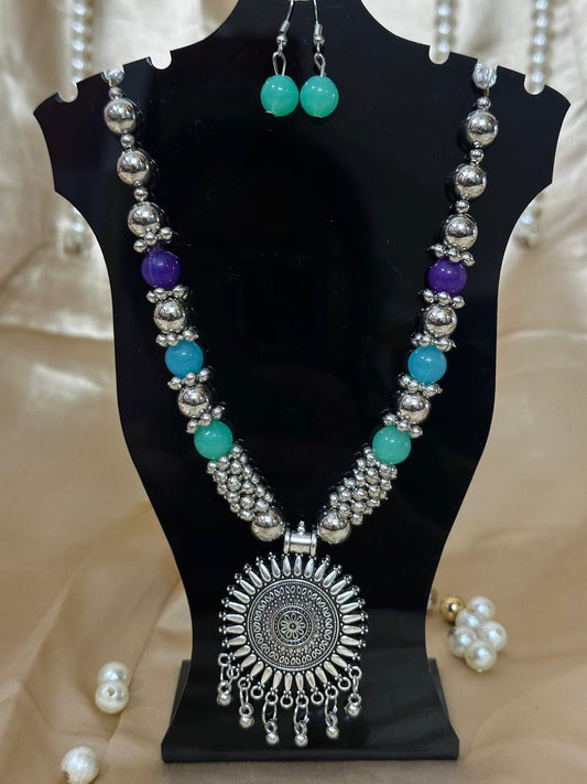 Oxidized Silver & Dual Tone Beaded Necklace Set