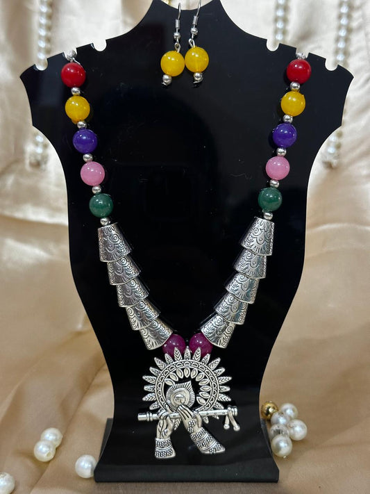 Oxidized Silver Krishna & Flute Necklace Set