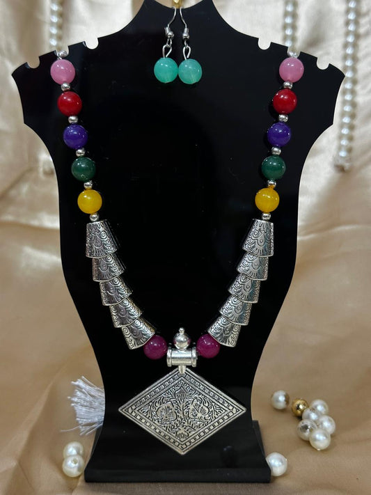 Oxidized Silver Geometric Pendant Necklace Set