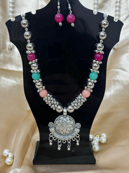 Oxidized Silver & Pink Stone Necklace Set