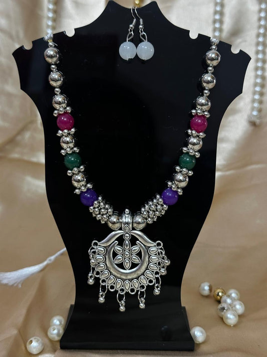 Oxidized Silver Floral Pendant & Mixed Stone Necklace Set