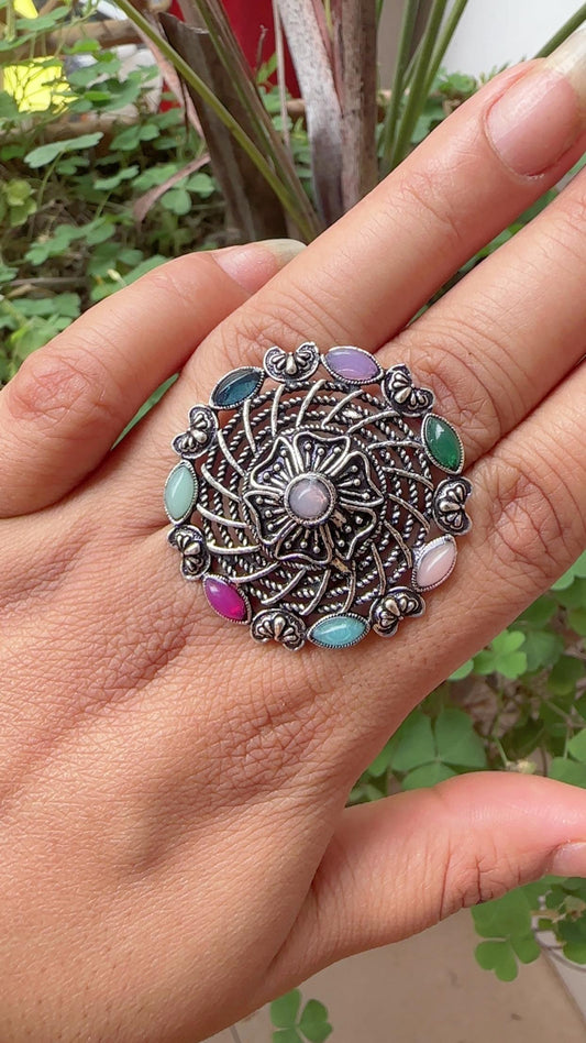 Oxidized Silver Flower Ring with Multicolored Stones