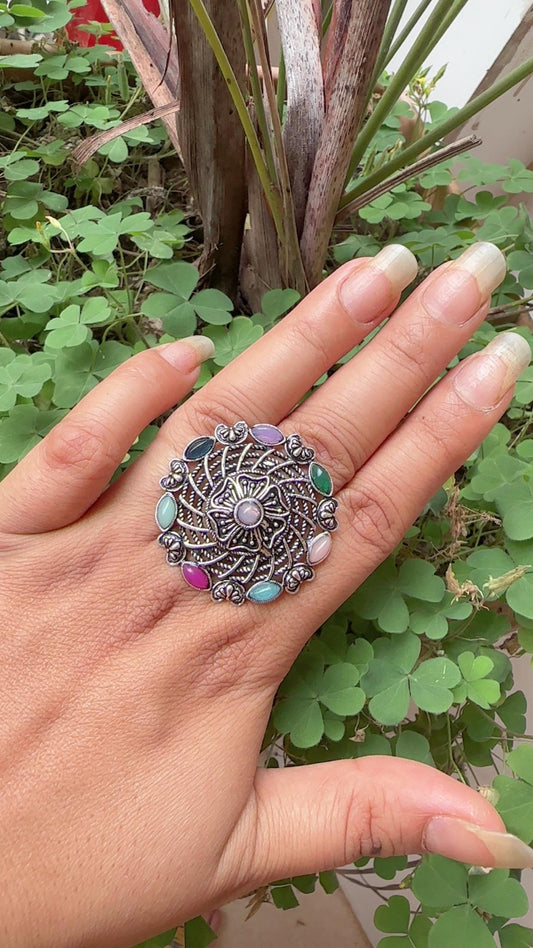 Oxidized Silver Flower Ring with Multicolored Stones