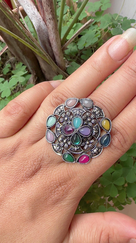 Oxidized Silver Flower Ring with Multicolored Stones