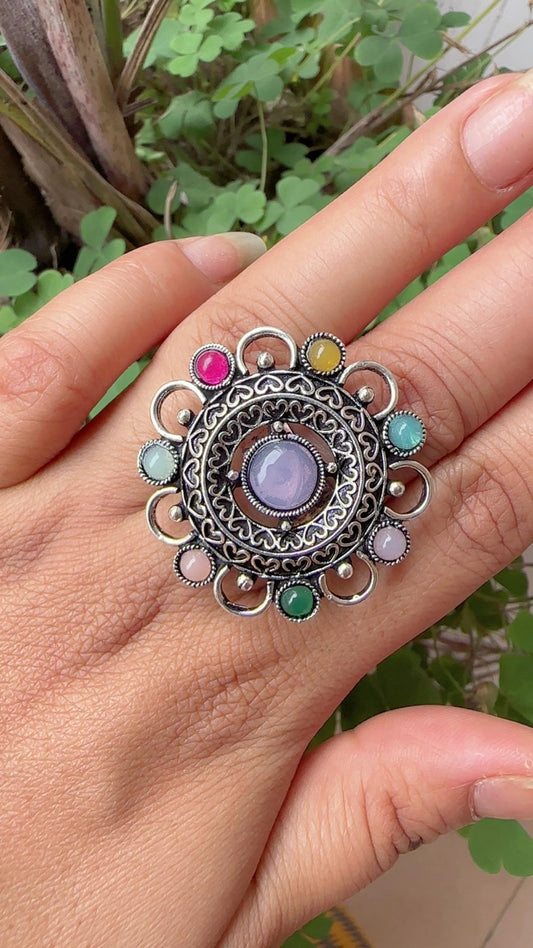 Oxidized Silver Flower Ring with Multicolored Stones