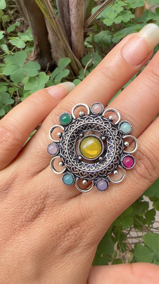 Oxidized Silver Flower Ring with Multicolored Stones