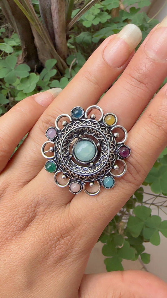 Oxidized Silver Flower Ring with Multicolored Stones