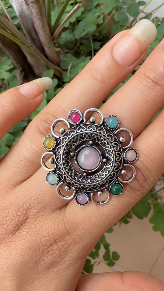 Oxidized Silver Flower Ring with Multicolored Stones