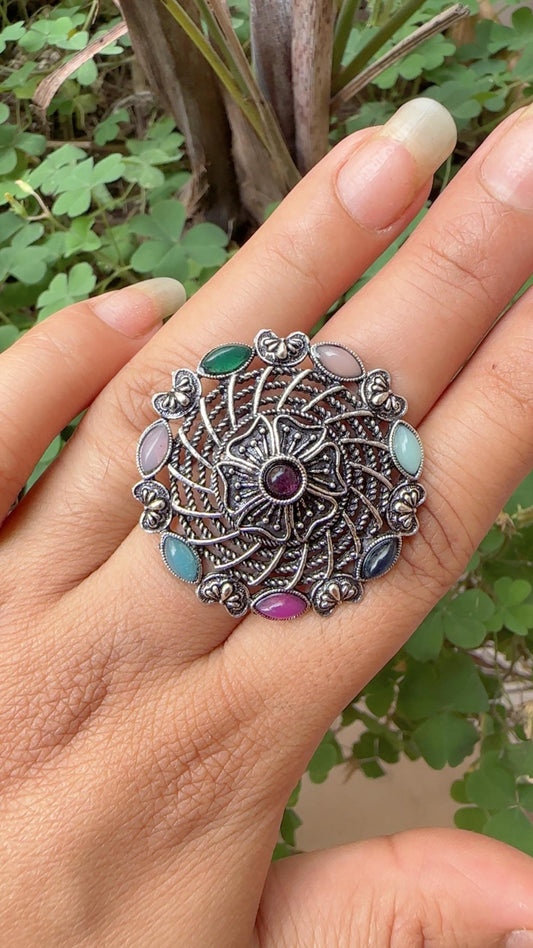 Oxidized Silver Flower Ring with Multicolored Stones