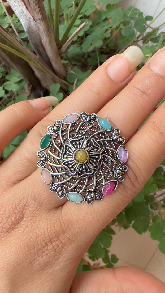 Oxidized Silver Flower Ring with Multicolored Stones