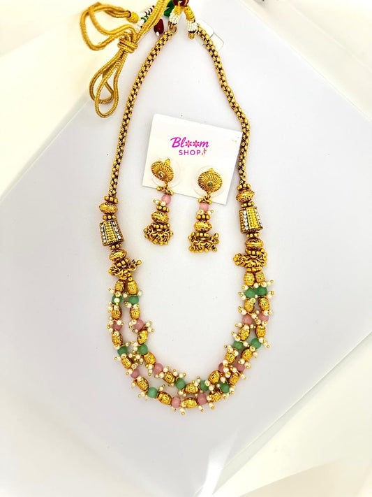 Gulabi Harit Bead Temple Necklace Set (Matar Mala)