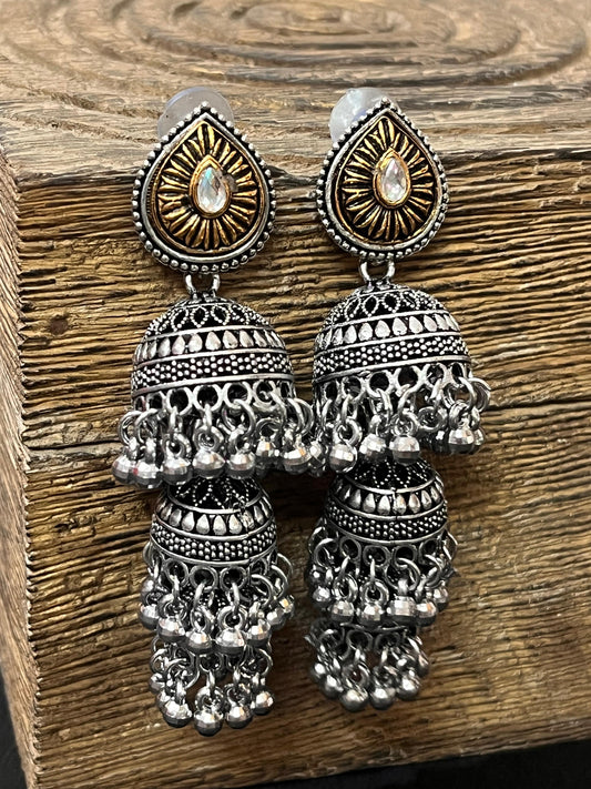 Dual-Tone Oxidized Jhumka Earrings