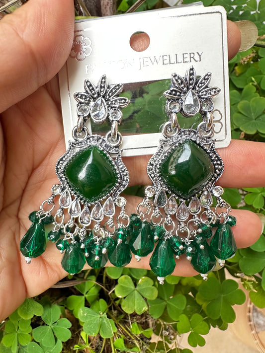 Oxidized Silver & Green Stone Jhumka Earrings