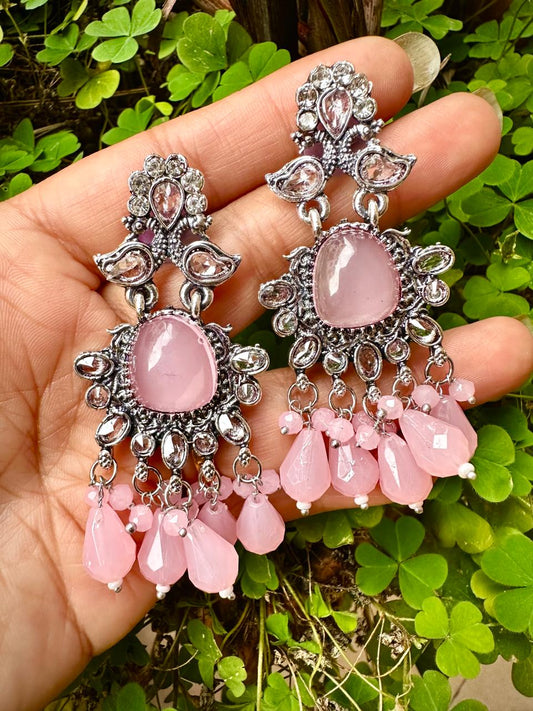 Oxidized Silver & Baby Pink Stone Earrings