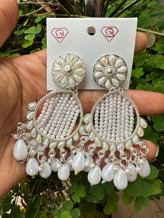 White Beaded Oxidized Silver Jhumka Earrings