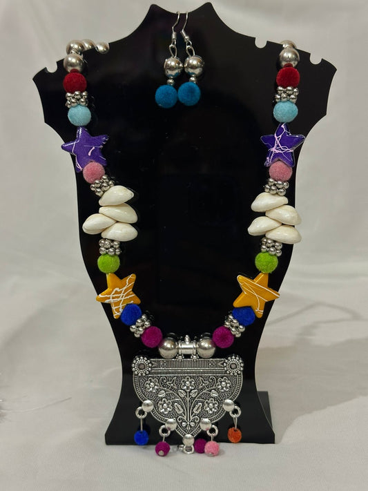 Bohemian Oxidized Silver & Felt Ball Necklace Set
