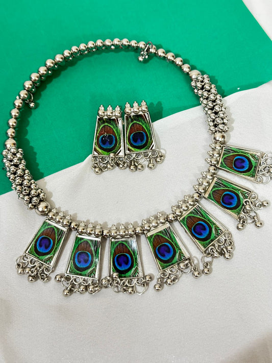 Oxidized Peacock Feather Necklace Set