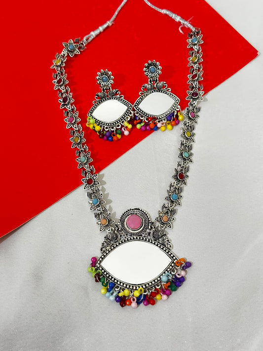 Oxidized Silver Mirror & Multicolored Bead Necklace Set