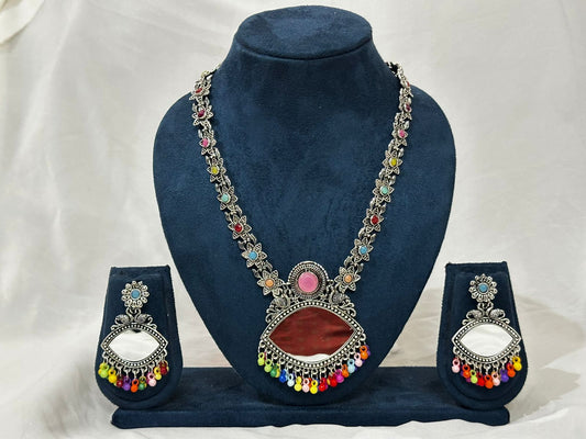 Oxidized Silver Mirror & Multicolored Bead Necklace Set