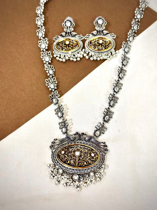 Oxidized Dual-Tone Floral Necklace Set