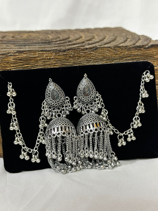 Oxidized Silver Jhumka with Ear Chains
