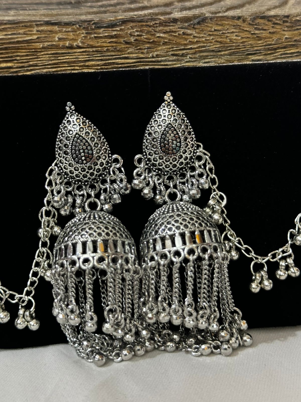 Oxidized Silver Jhumka with Ear Chains