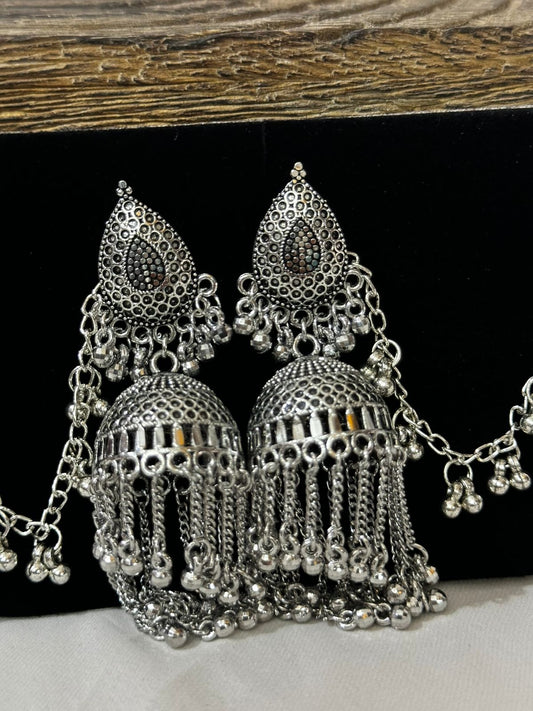 Oxidized Silver Jhumka with Ear Chains