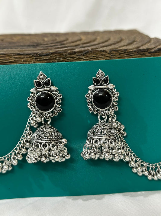 Oxidized Stone Jhumka with Ear Chains - 2 Color Options - Black & Yellow