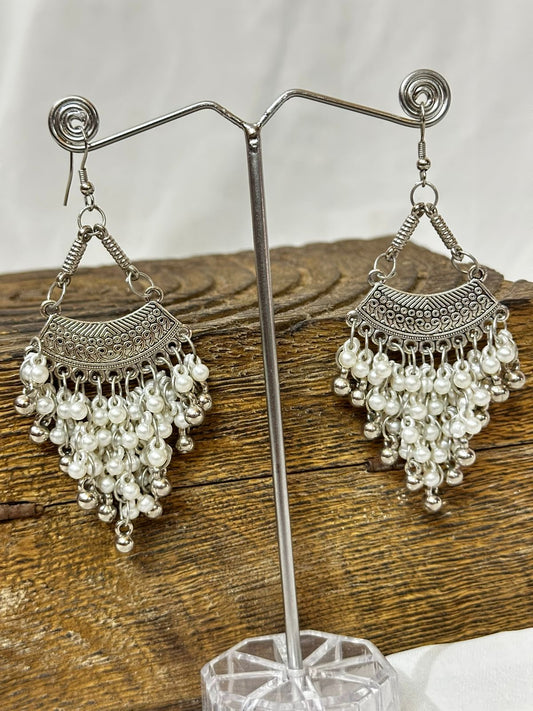 Oxidized Silver Jhumka Earrings with White Pearls