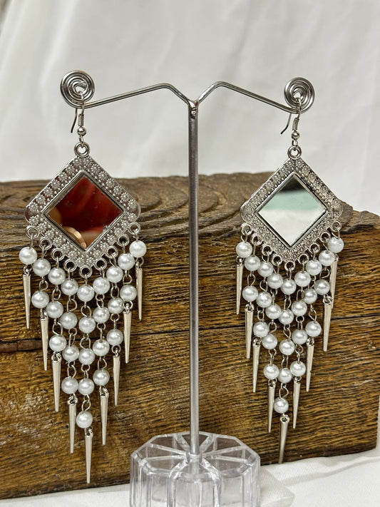 Oxidized Silver Mirror & Pearl Drop Earrings