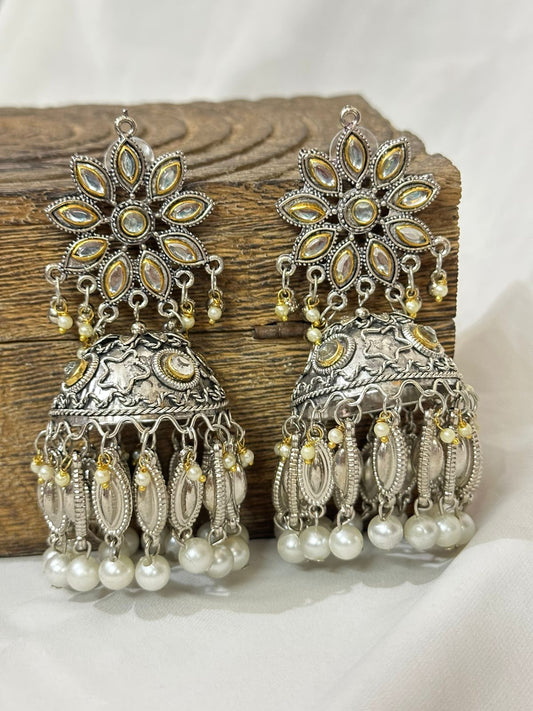 Oxidized Floral Pearl Jhumkas
