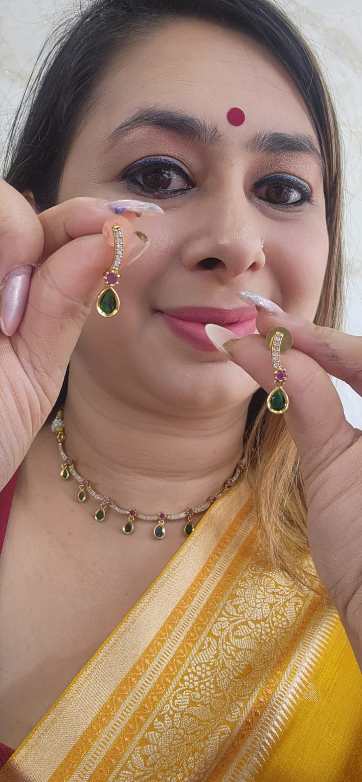 Q1 - Ruby Emerald Single Line Gold Replica Set with Earring