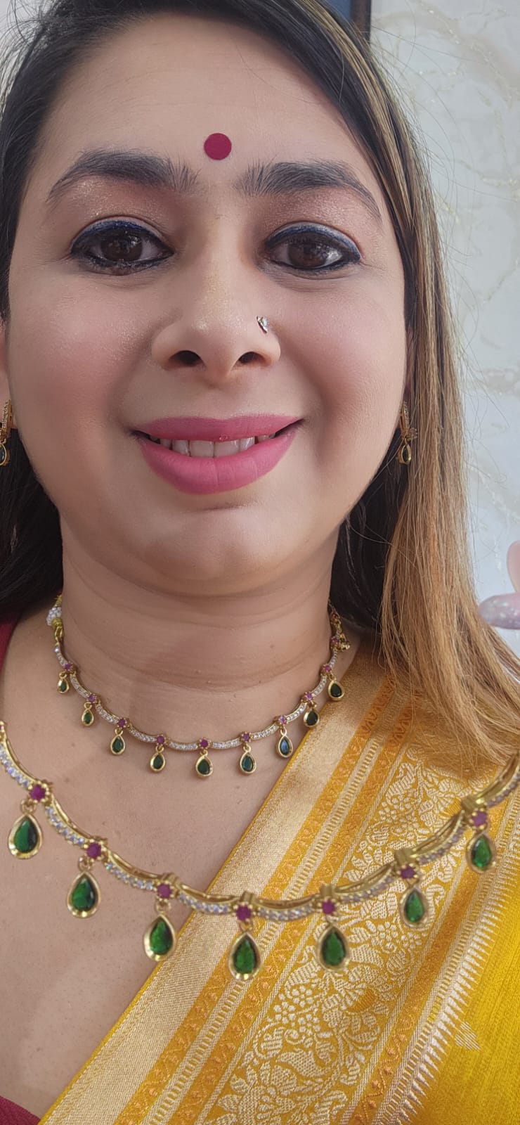 Q1 - Ruby Emerald Single Line Gold Replica Set with Earring