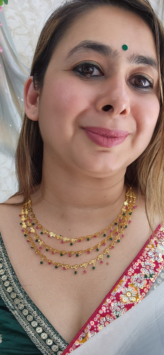 NJ3 - 3 Ladhi Chain With Green and Pink Moti